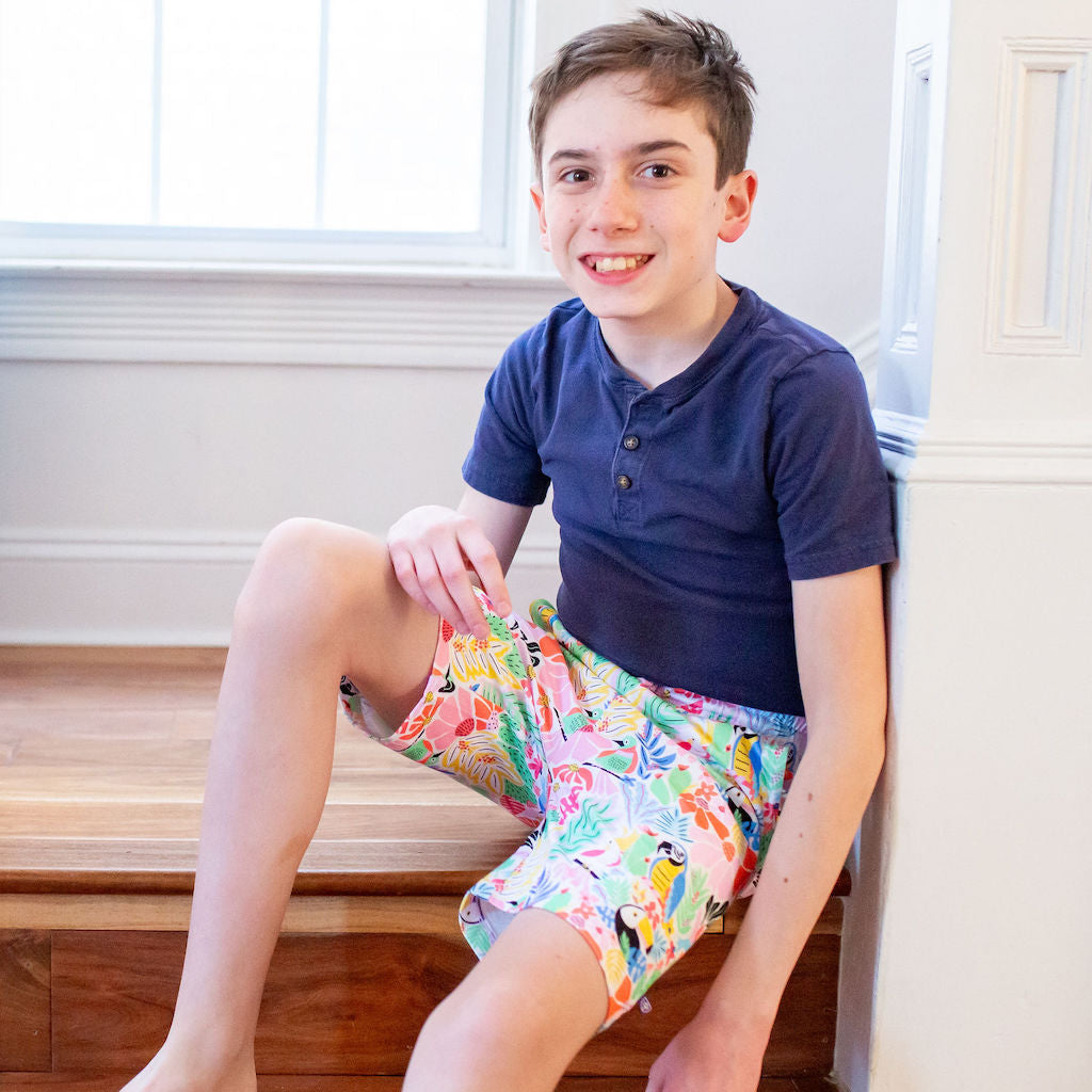 "Jungle Jam" Tropical Birds Drawstring Shorts with Pockets