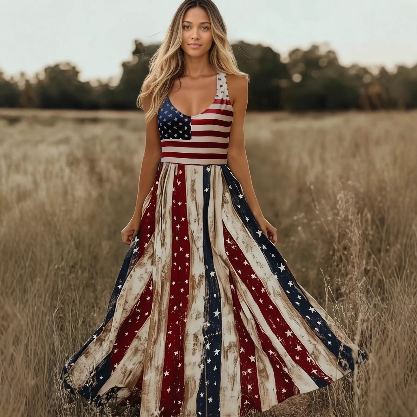 Retro Flag Printed V neck Sling Independence Day Vacation Dress .Ships