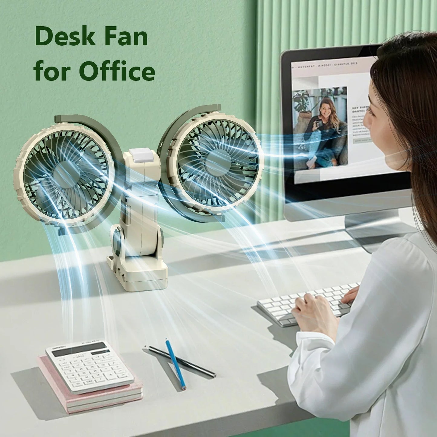 Hipacool Dual Head Car Clip Fan 4000mAh 3-Speed USB