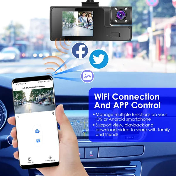 WiFi FHD 1080P Car Dash Cam 3 Channels Front Rear Inside Dash Camera