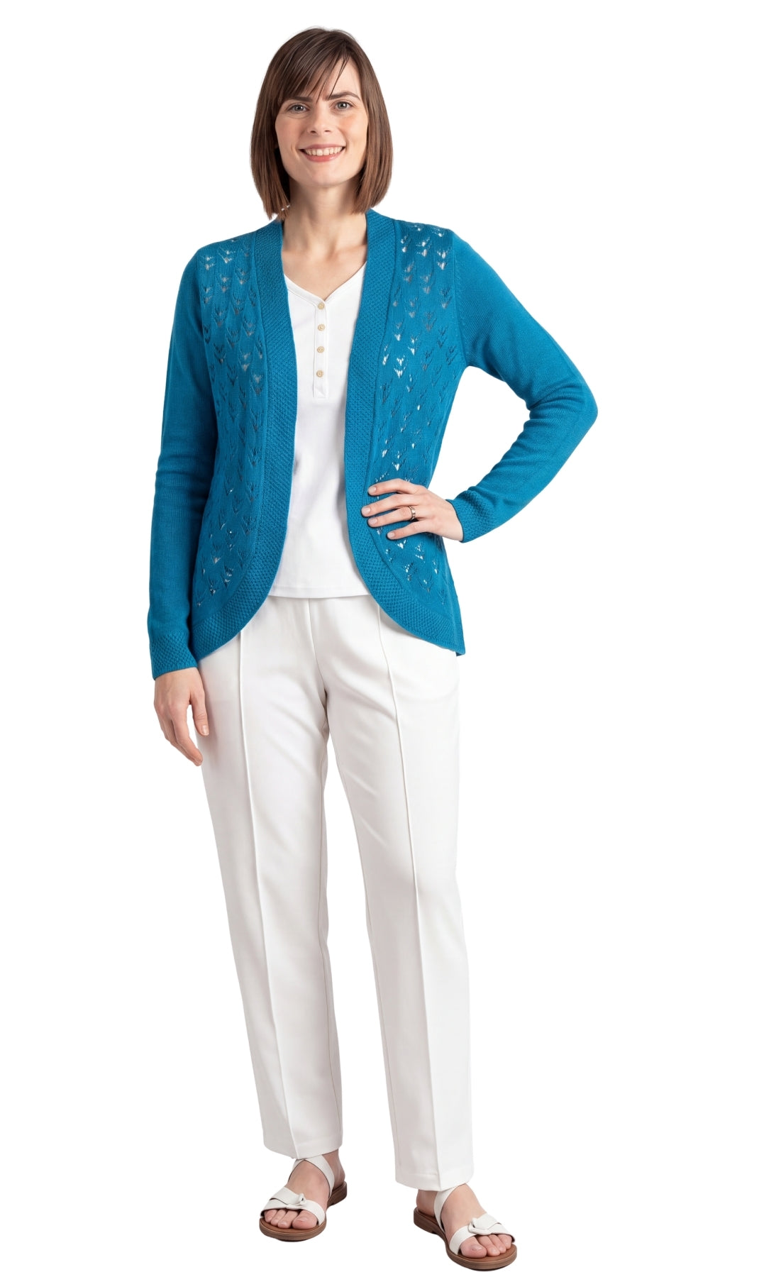 Women's Open Front Curved Hem Pointelle Shrug in Soft Acrylic
