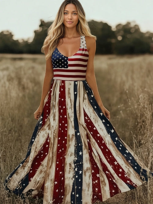Retro Flag Printed V neck Sling Independence Day Vacation Dress .Ships