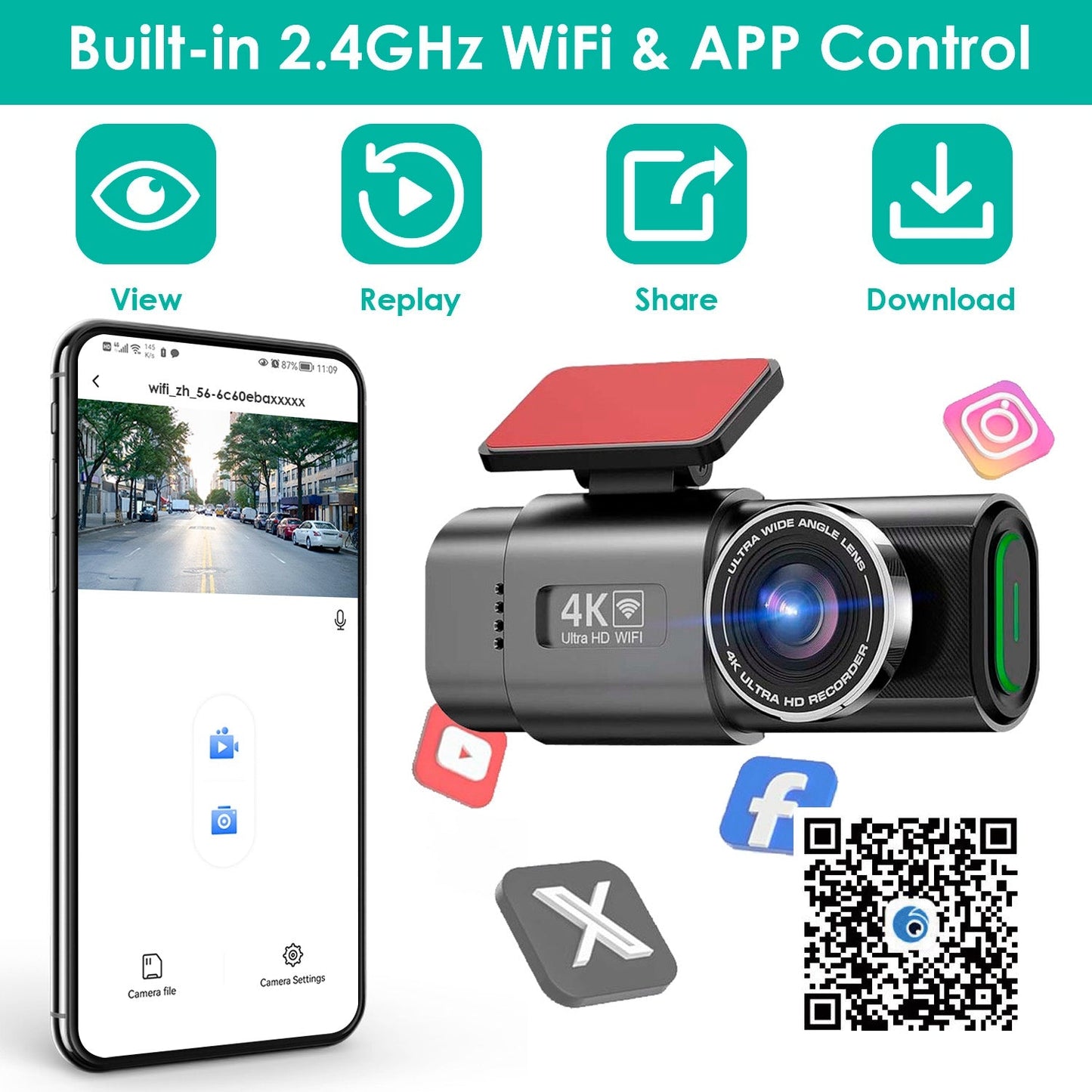 1Pc 4K 1080P Car Dash Cam 2.4GHz WiFi Car Camera Mini Driving Recorder