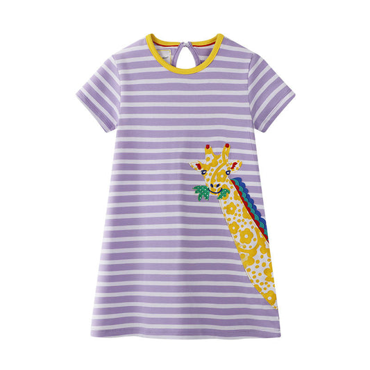 European and American Girl Dress Embroidered Giraffe