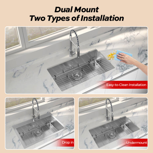 33 Inches  Kitchen Sink - Dual Mounted Undercounter Or Recessed Sink