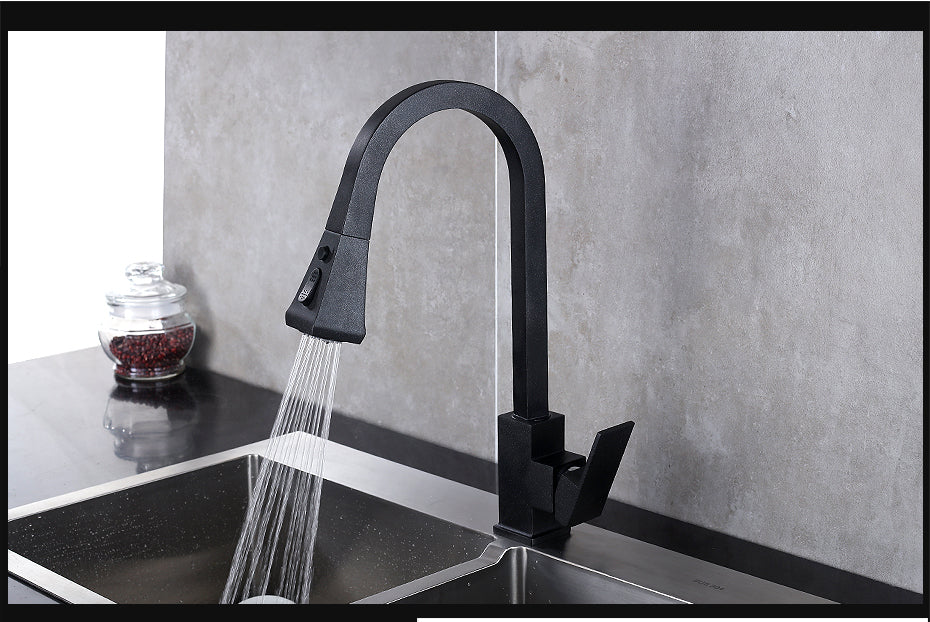 Retractable Black Copper Kitchen Faucet with Sprayer