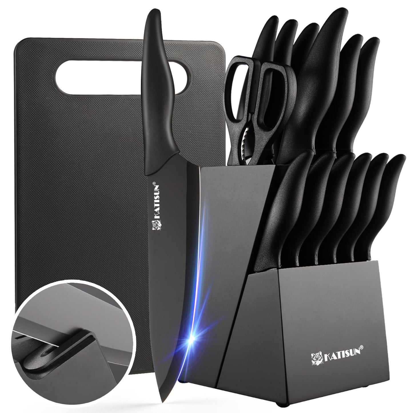 KATISUN 16 Pieces Kitchen Knife Block Set with Cutting Board German Stainless Steel Knife Set with Sharpener Dishwasher Safe Anti-Slip Handle 6 Steak Knives Black