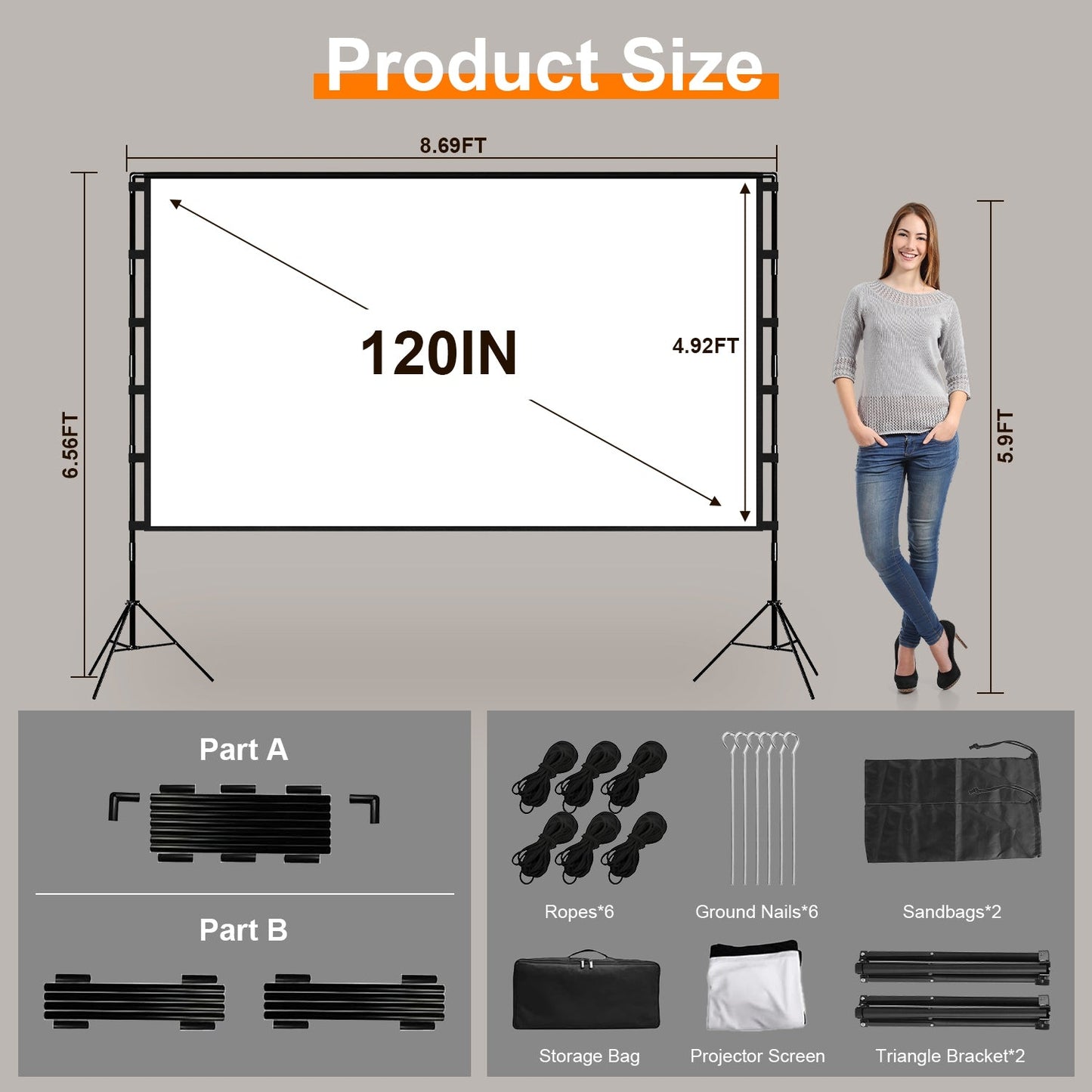 1Pc 120inch Or 100inch Projector Screen With Stand 16 9 4K HD Rear
