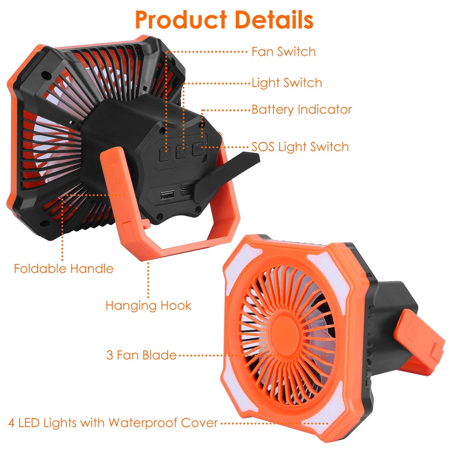 Portable Camping Lantern Fan Battery Powered Hanging Fan USB