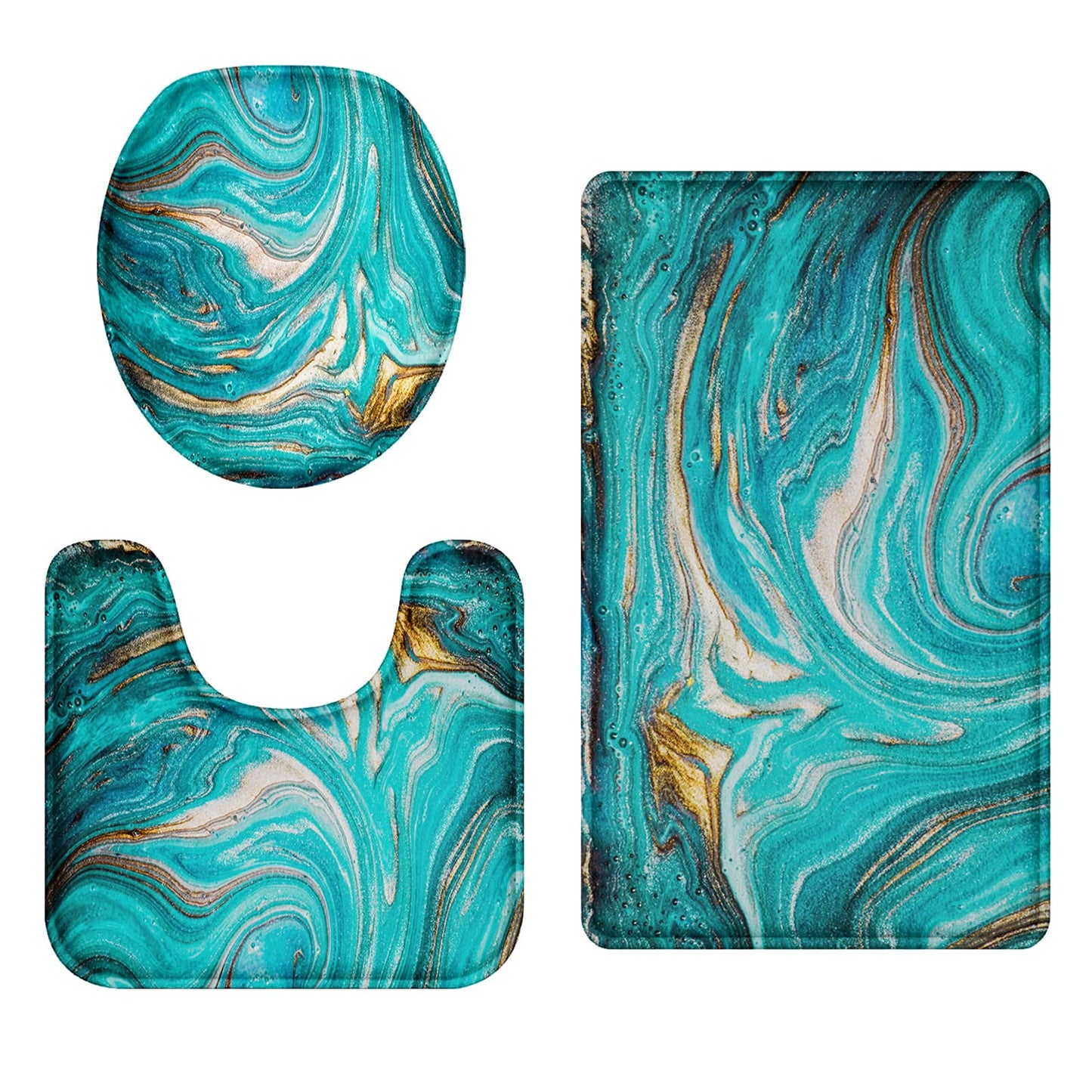 Britimes Turquoise Bathroom Rug Set of 3 3 Pieces Teal Bath Mats Set for Bathroom Green Marble Ripples No Silp Washable Cover Floor Rug Decorations for Kitchen Bathroom Bedroom