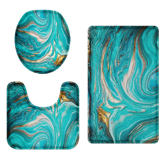 Britimes Turquoise Bathroom Rug Set of 3 3 Pieces Teal Bath Mats Set for Bathroom Green Marble Ripples No Silp Washable Cover Floor Rug Decorations for Kitchen Bathroom Bedroom