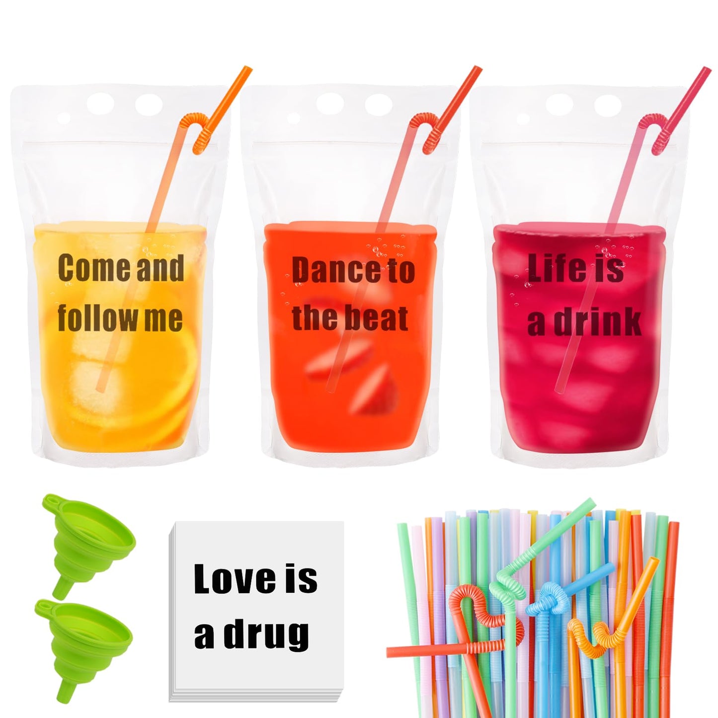 UNIMEIX 100 Pcs 17oz Drink Pouches with 100 Drink Straws Plastic Drink Bags with Zipper Reusable Clear Juice Pouches with Straws(100 Sets10 Styles)