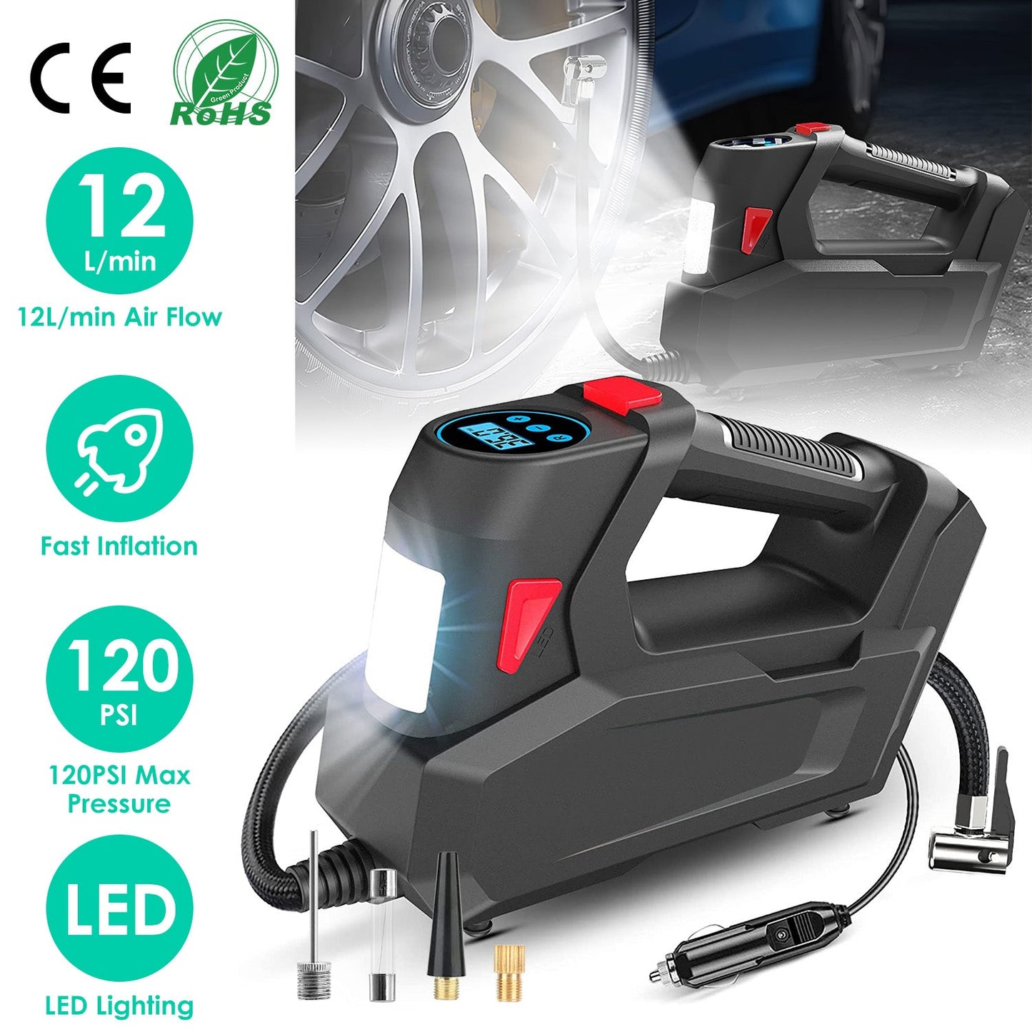 1Pc Portable Tire Inflator 120 PSI Maximum 90W Powered Tire Inflator