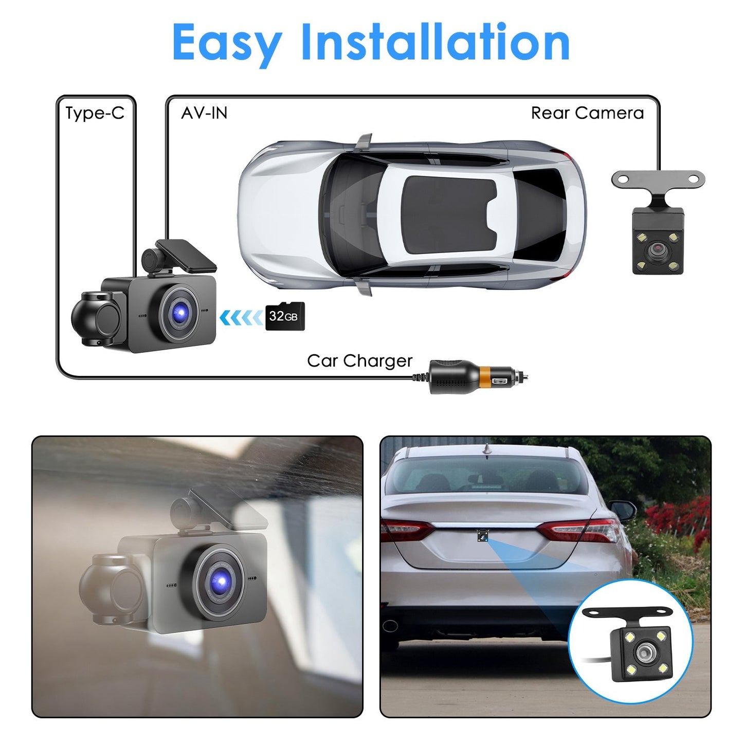 WiFi FHD 1080P 3 Channel Car Dash Cam Front Rear Inside With 32G MMC