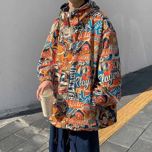 Hooded Jacket Men Graffiti Print Trend Pullover Top Plus Size Jacket Men