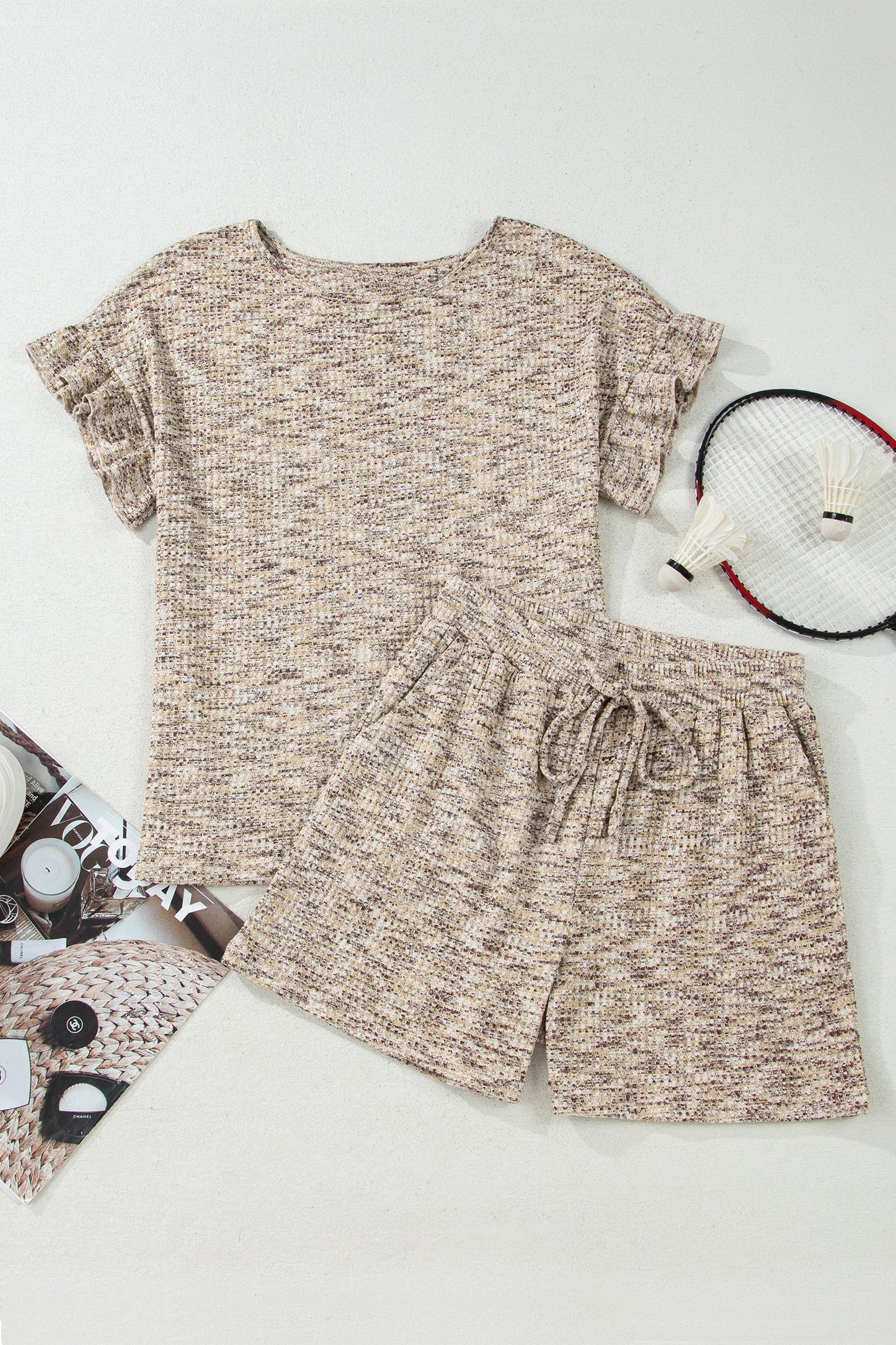 Heather Textured Ruffle Sleeve Top & Drawstring Shorts Set