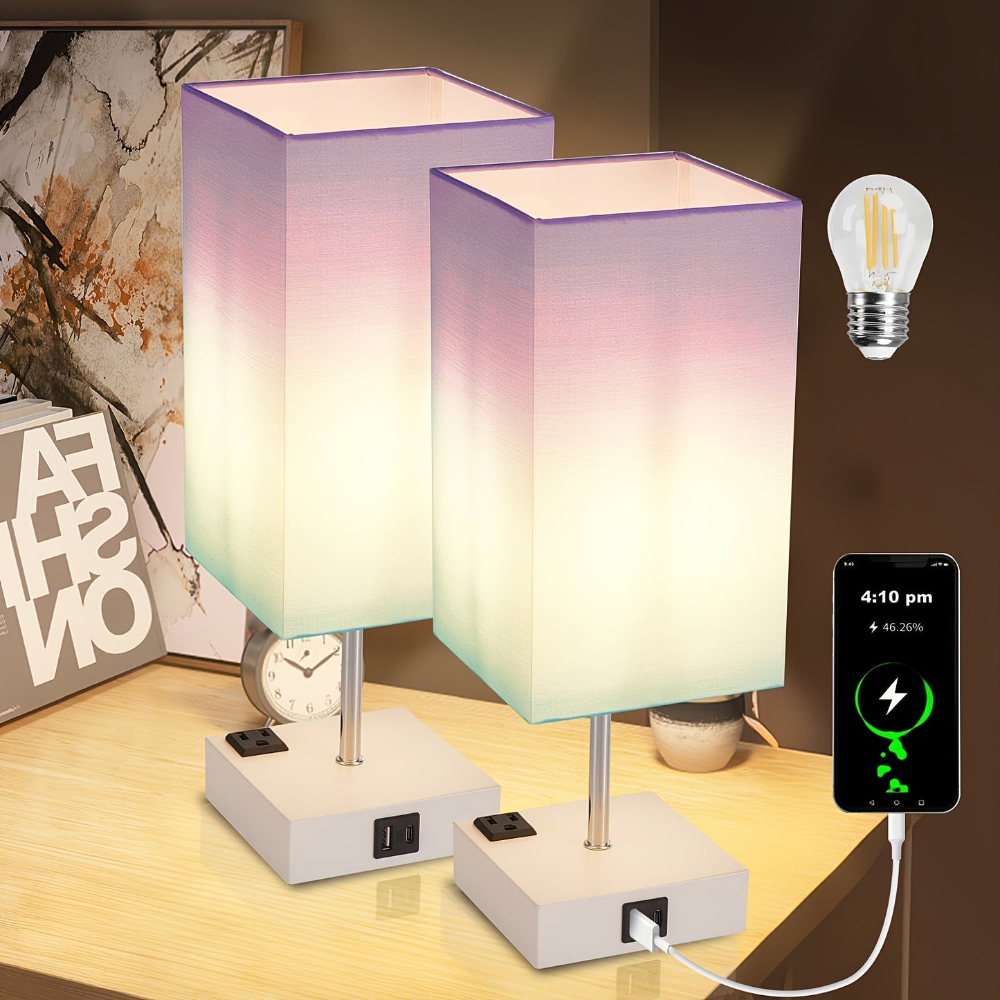 Touch Table Lamp with USB & Outlet – Modern Fabric Shade Bedside Light for Bedroom