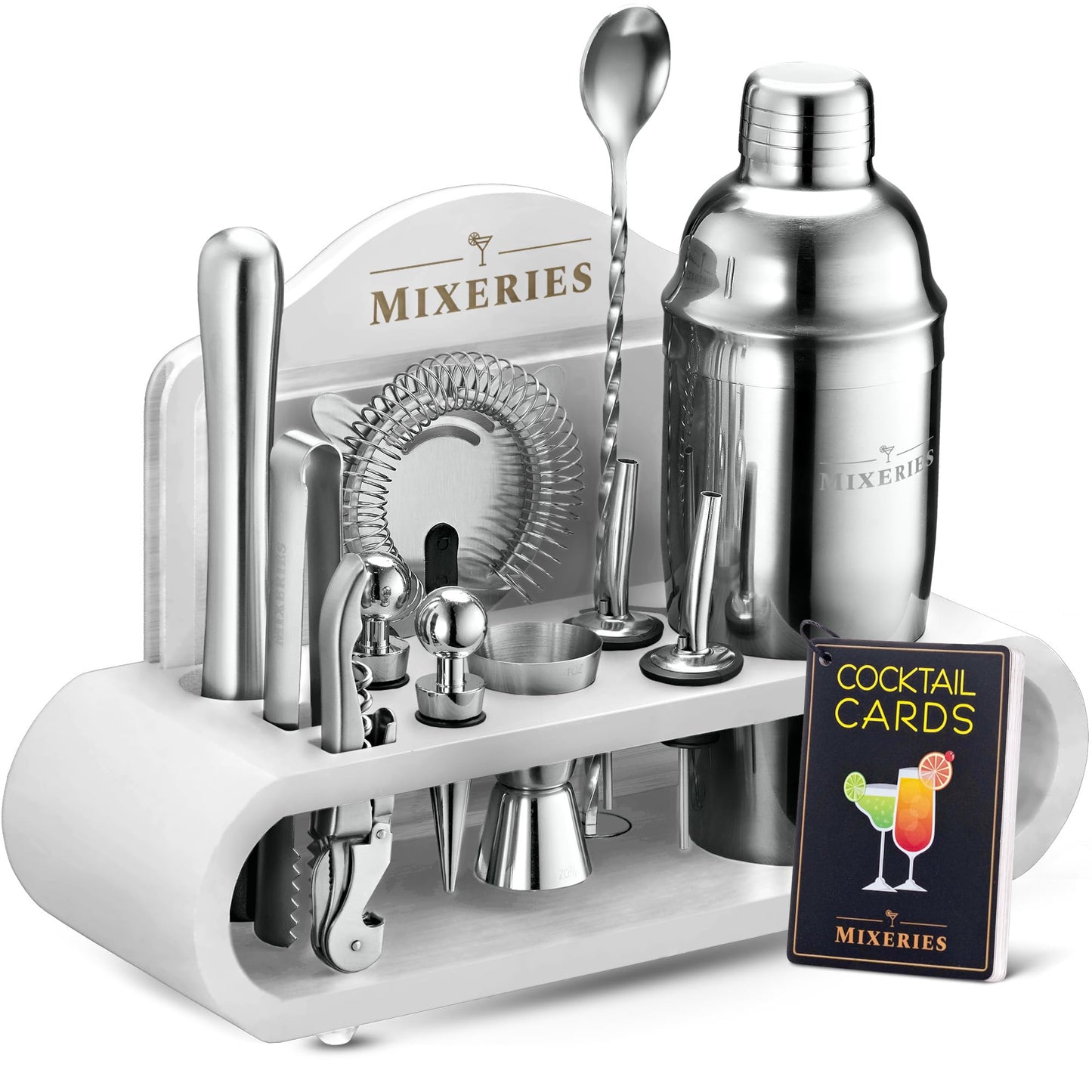 Mixology Bartender Kit with Stand - 18 Piece Bar Set Cocktail Shaker Drink Mixer Set for Home Bar with All Bar Accessories - Bar Tool Set Cocktail Kit Mixology Set Bar Kit (White)
