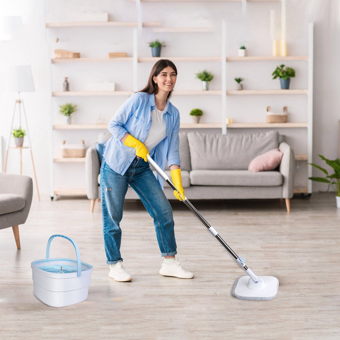 Spin Mop And Bucket With Wringer Set Flat Floor Mop With Clean And
