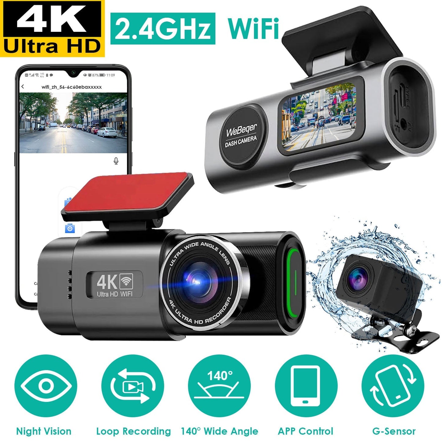 1Pc 4K 1080P Car Dash Cam 2.4GHz WiFi Car Camera Mini Driving Recorder