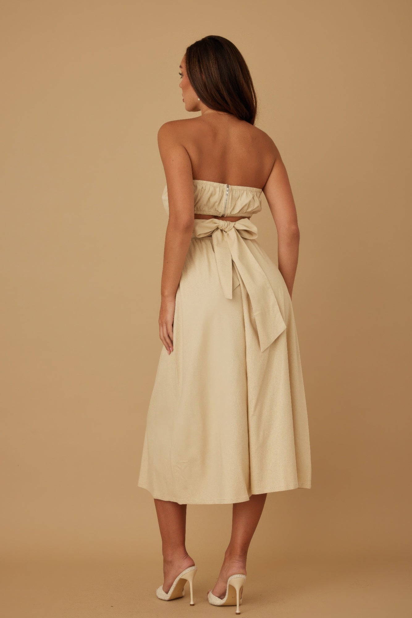Flower Lining Linen Pattern Strapless Dress