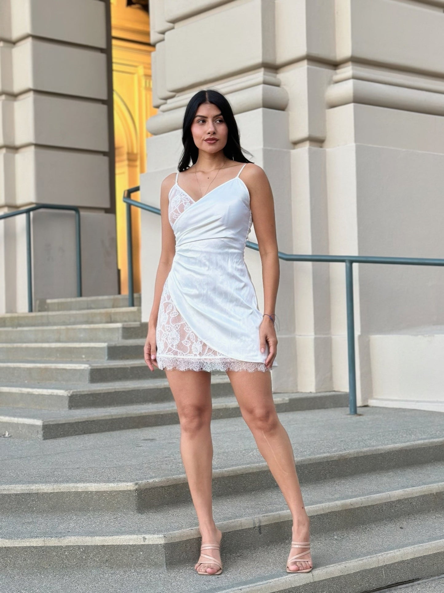 Sexy Party Satin Wrap Like & Lace Nude Mini Dress