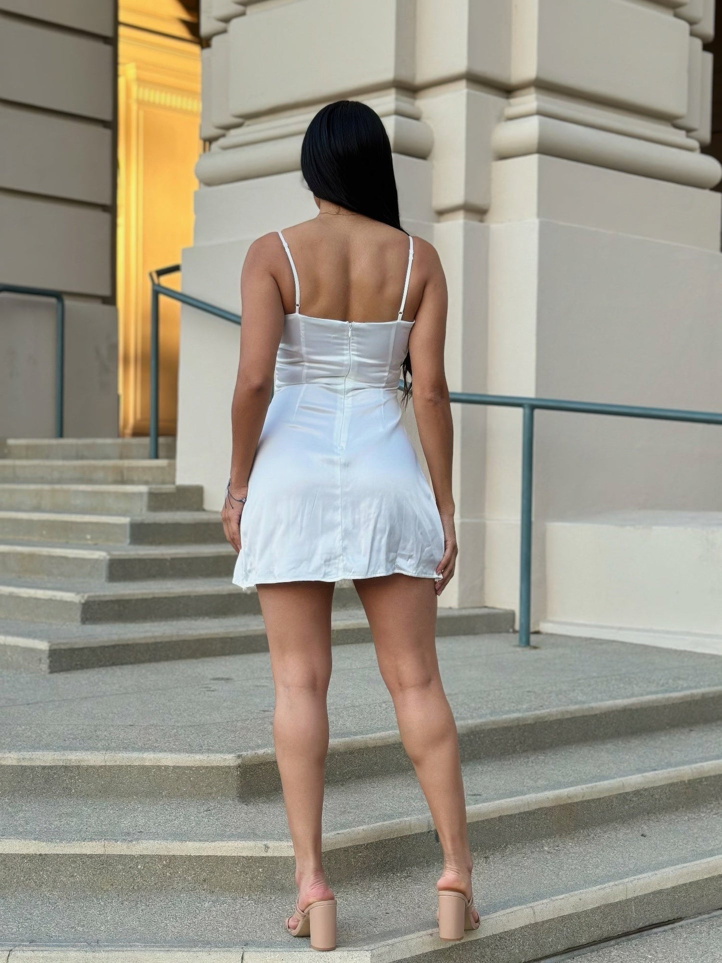 Sexy Party Satin Wrap Like & Lace Nude Mini Dress