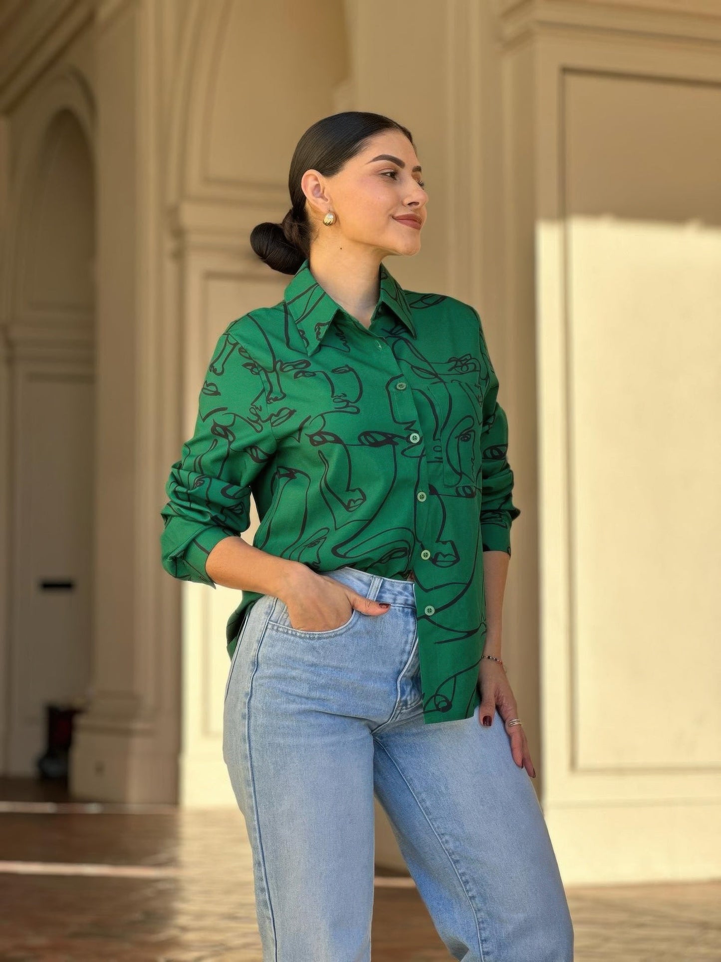 Face Print Long Sleeve Button Down Blouse