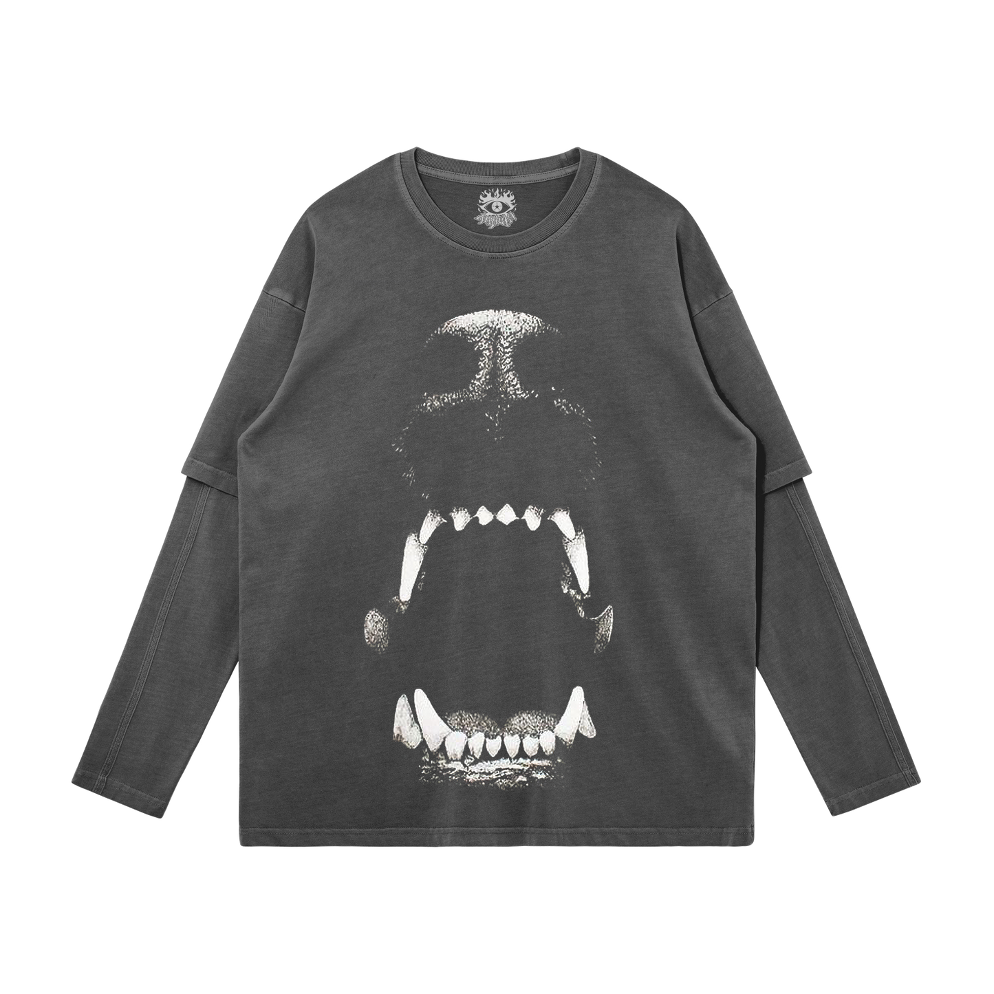 Dog Bite Streetwear Faux Layered Long Sleeve Tee In Faded Dark Grey 230 GSM Durable True To Size