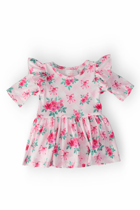 Gingham Bows 3/4 Sleeve Flutter Twirl Bodysuit