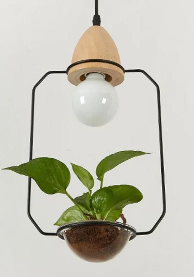 Art Deco LED Plant Pendant Light Wood Base Rustic Hanging Lamp for Dining Cafe Bar