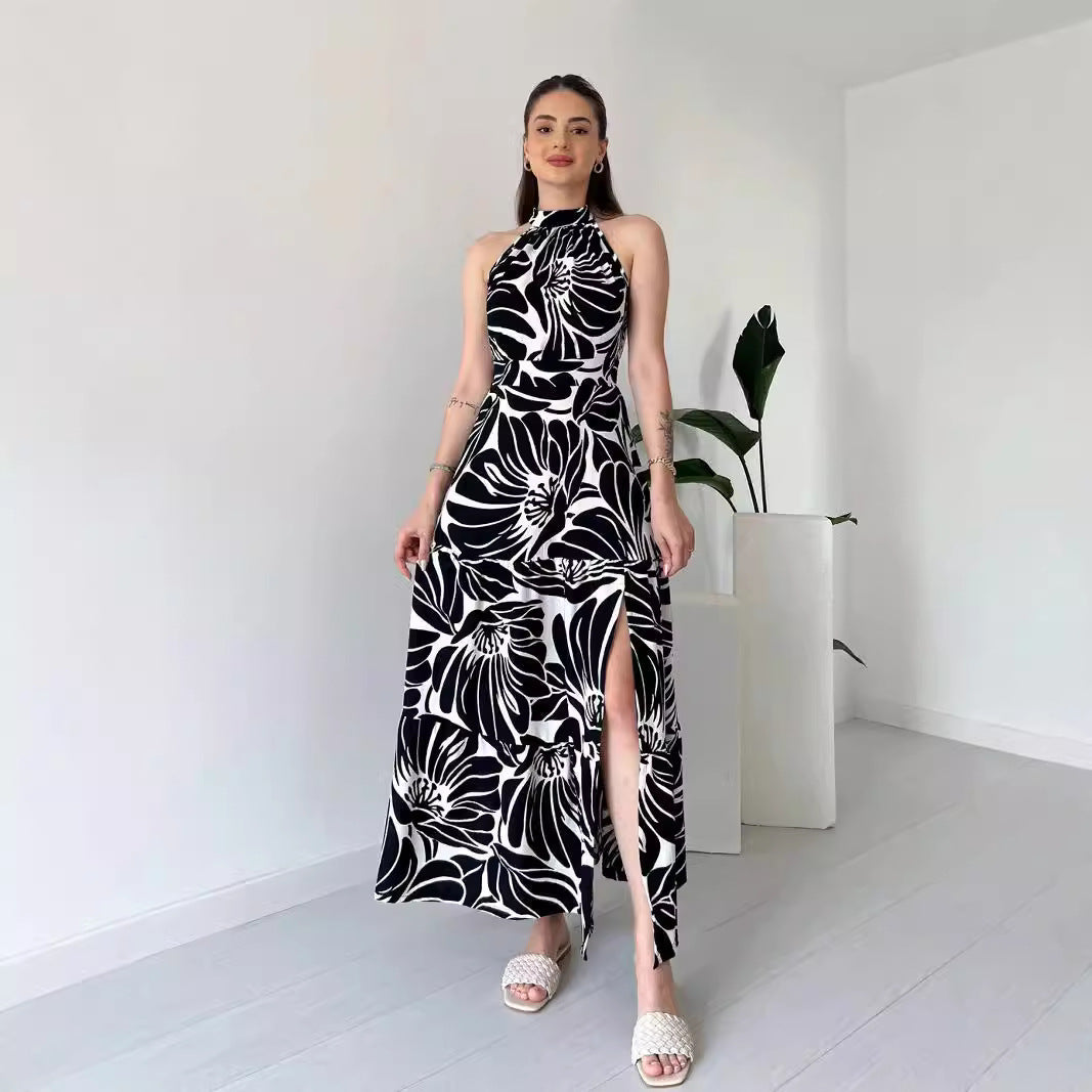 Sleeveless Elegant Maxi Dress Printed High Slit