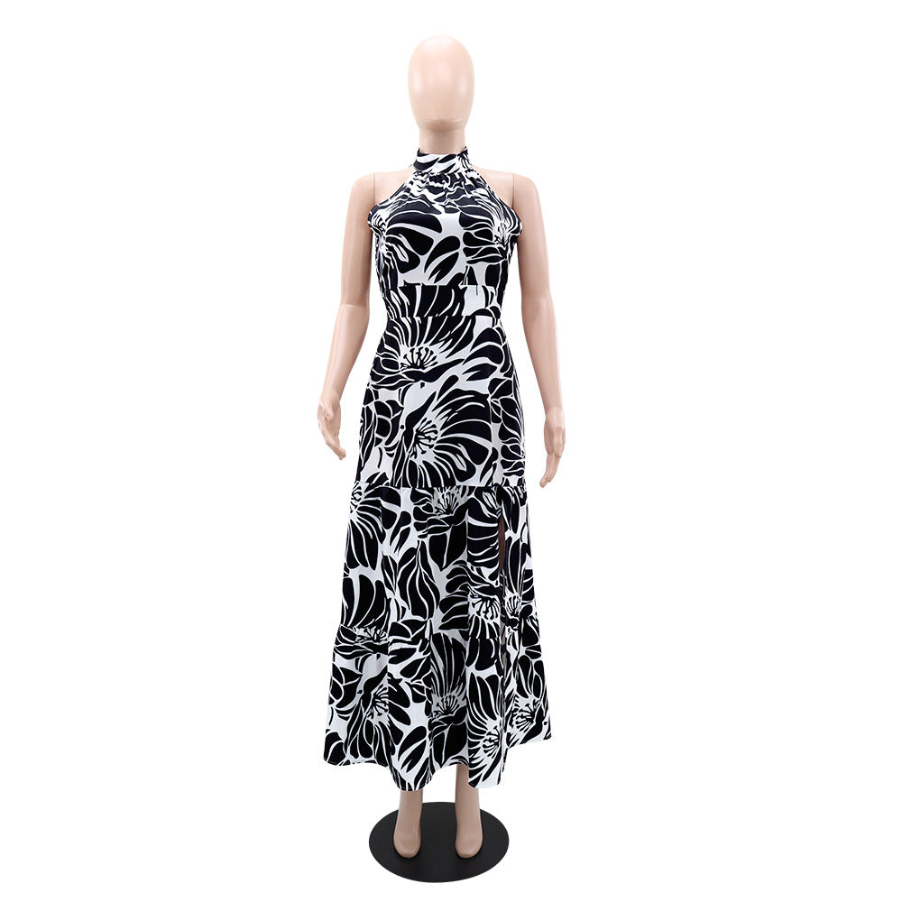 Sleeveless Elegant Maxi Dress Printed High Slit
