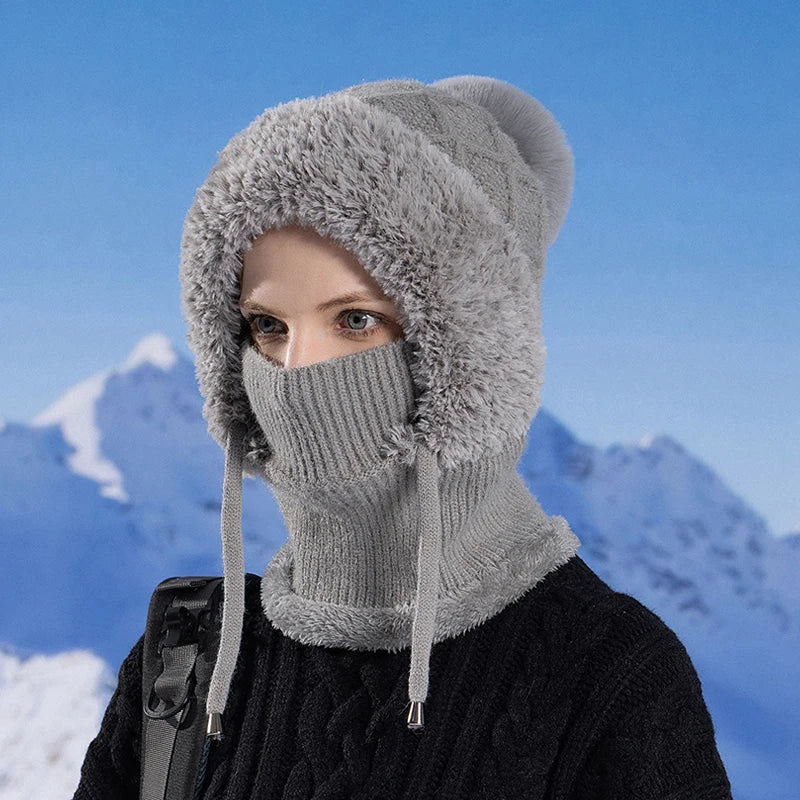 Women Winter Velvet Knitted Woolen Balaclava Hat Ear Protection fluffy Hat Mask Neck Integrated Warmth Cover Hat lady hooded cap
