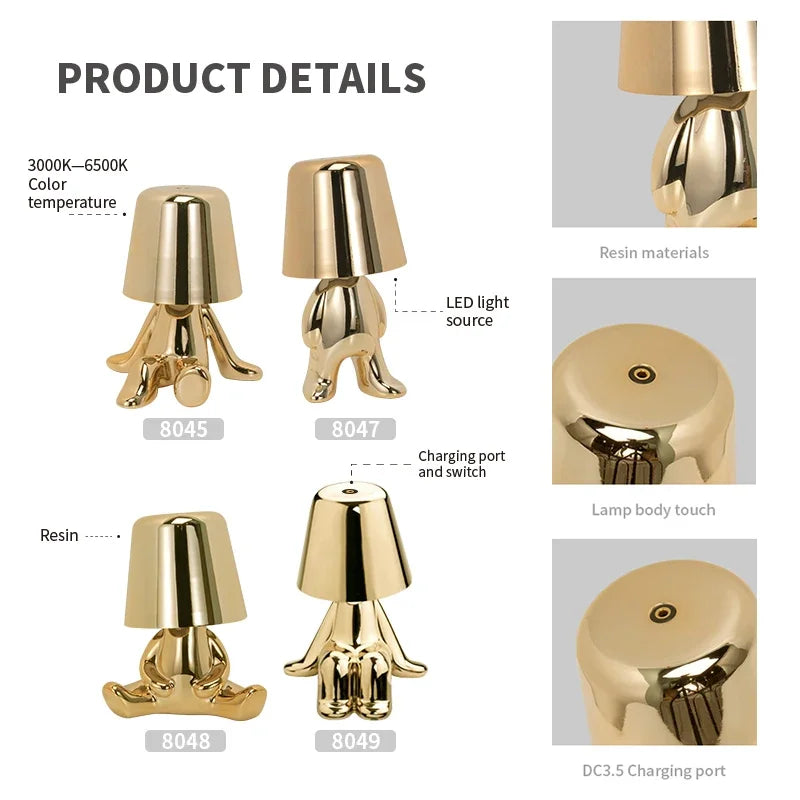 Nordic Golden Man Table Lamp LED USB Bedside Light Luxury Modern Room Decor