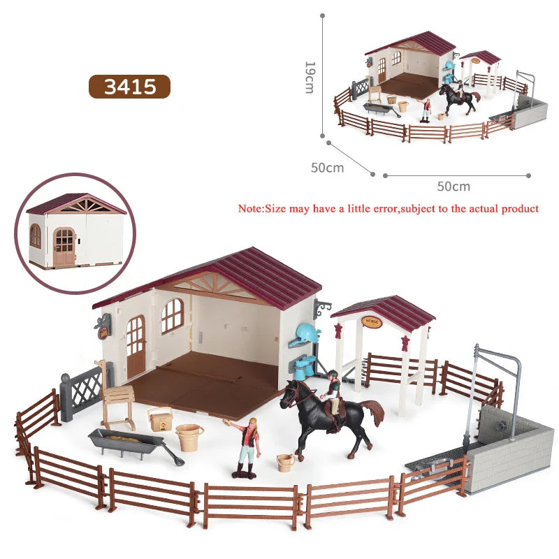 Oenux Farm Stable House Model Action Figures Emulational Horseman Horse Animals Playset Figurine Cute Educational Kids Toy Gift