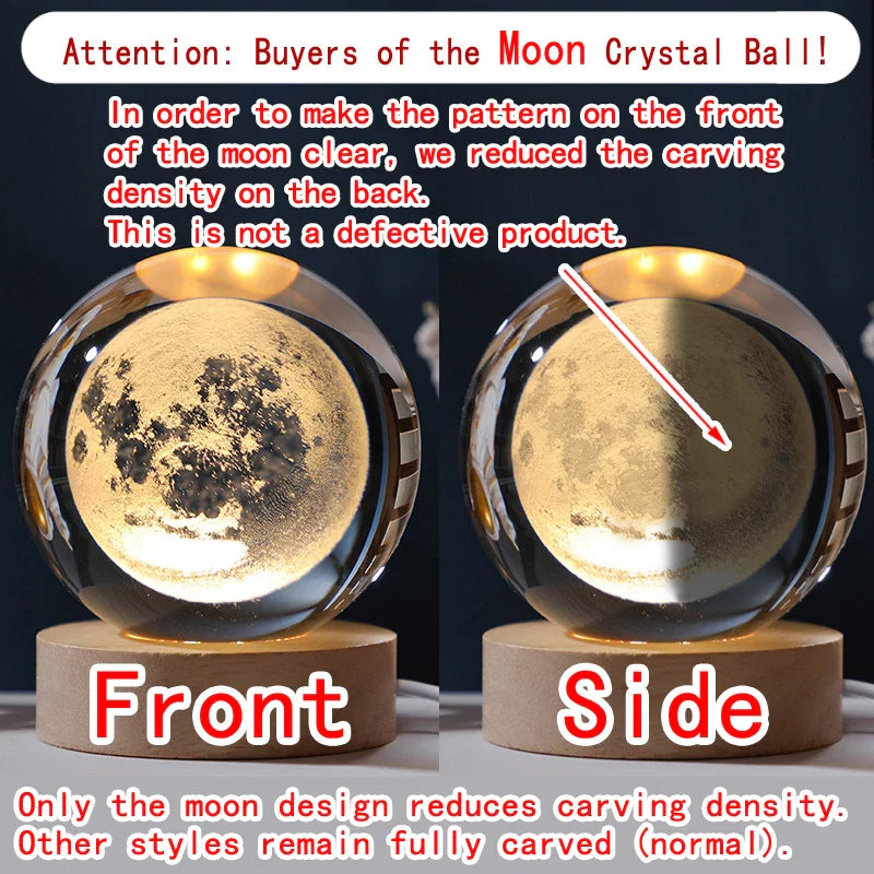 Unique 3D Crystal Ball Night Light Led Lamp Bedside Table Glowing Galaxy Lamp Saturn Planets Moon Children Birthday Gift Toy 5cm