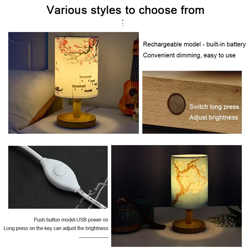LED Square Table Lamp Dimmable Bedside Light Fabric Shade Chinese Style Decor