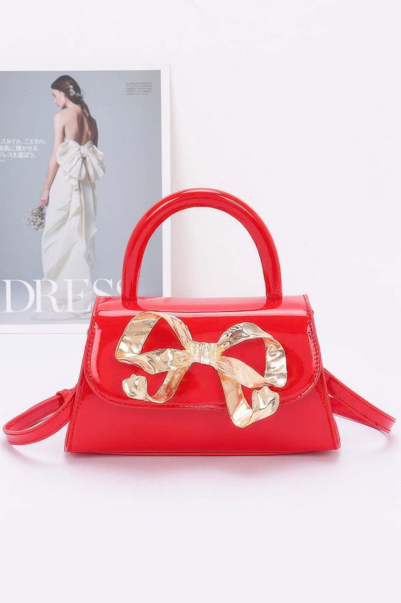 Faux Leather Metal Ribbon Top Handle Bag