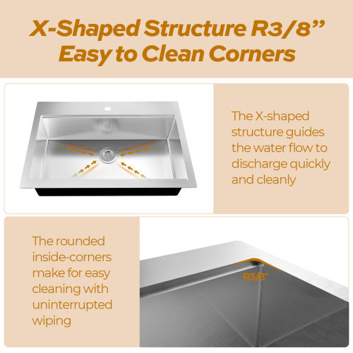 33 Inches  Kitchen Sink - Dual Mounted Undercounter Or Recessed Sink