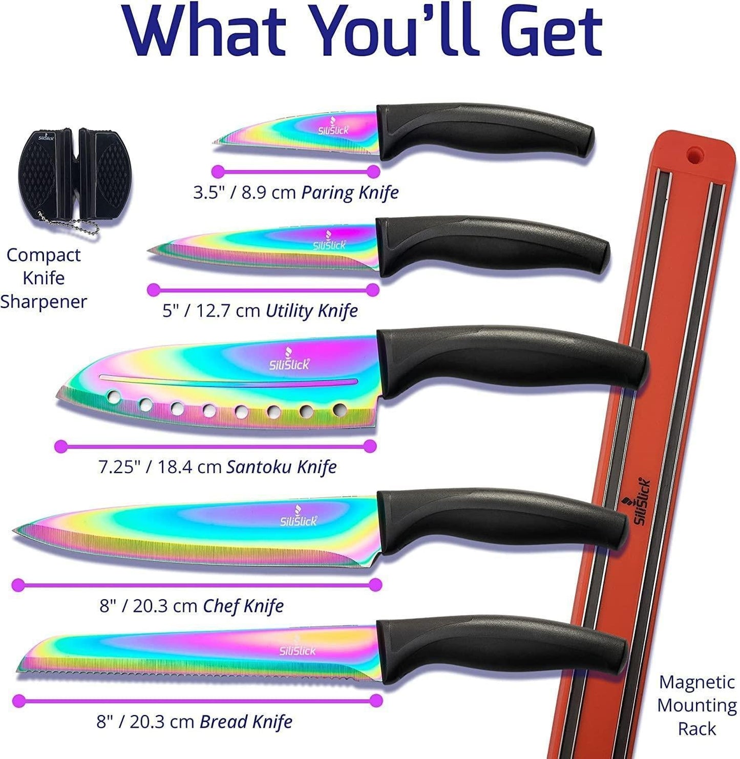 Kitchen Knife Set Kit 5 Dishwasher Safe Colorful Knives with Sharpener Blue