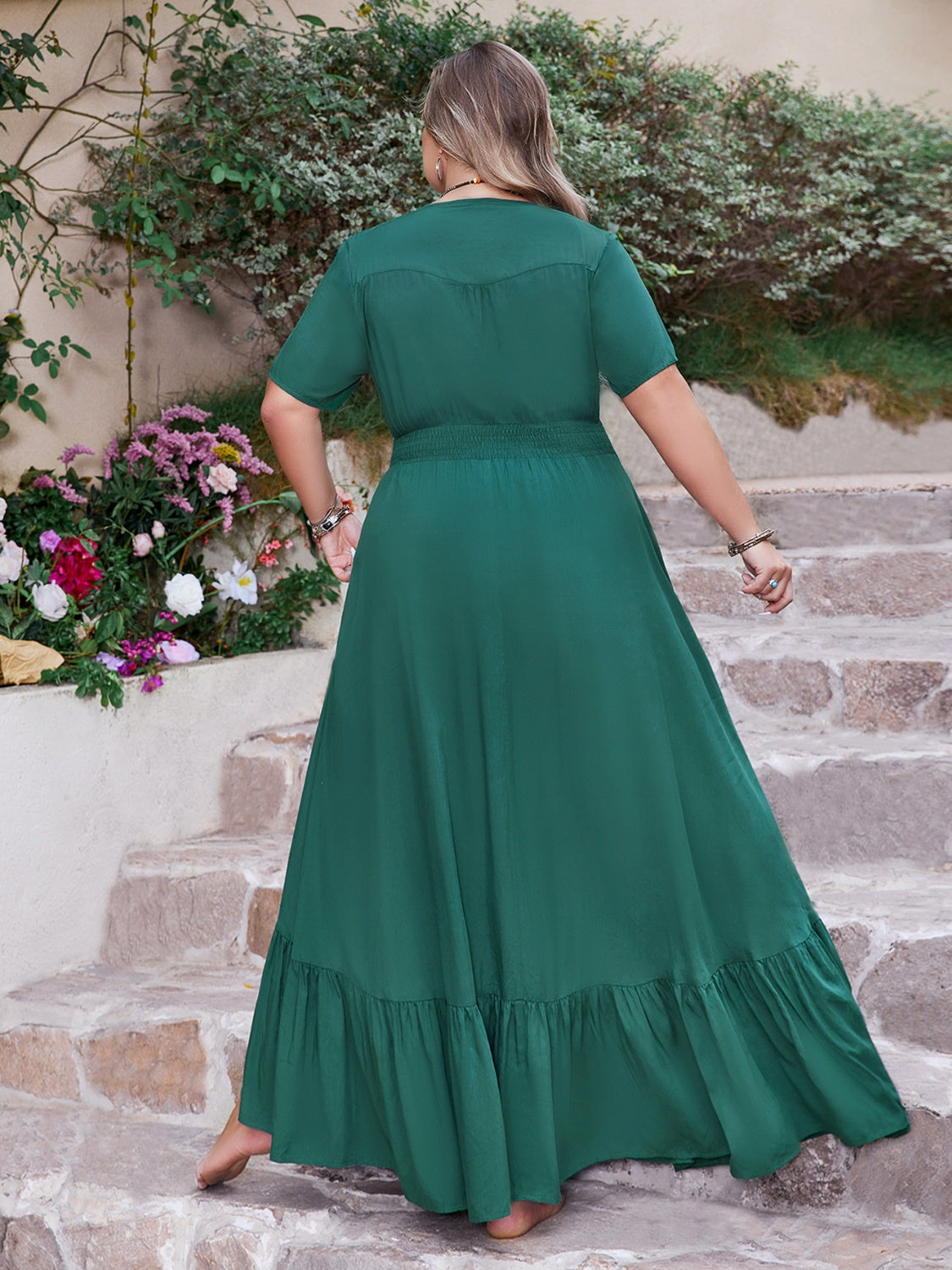 Button Detail V-Neck Short Sleeve Maxi Dress
