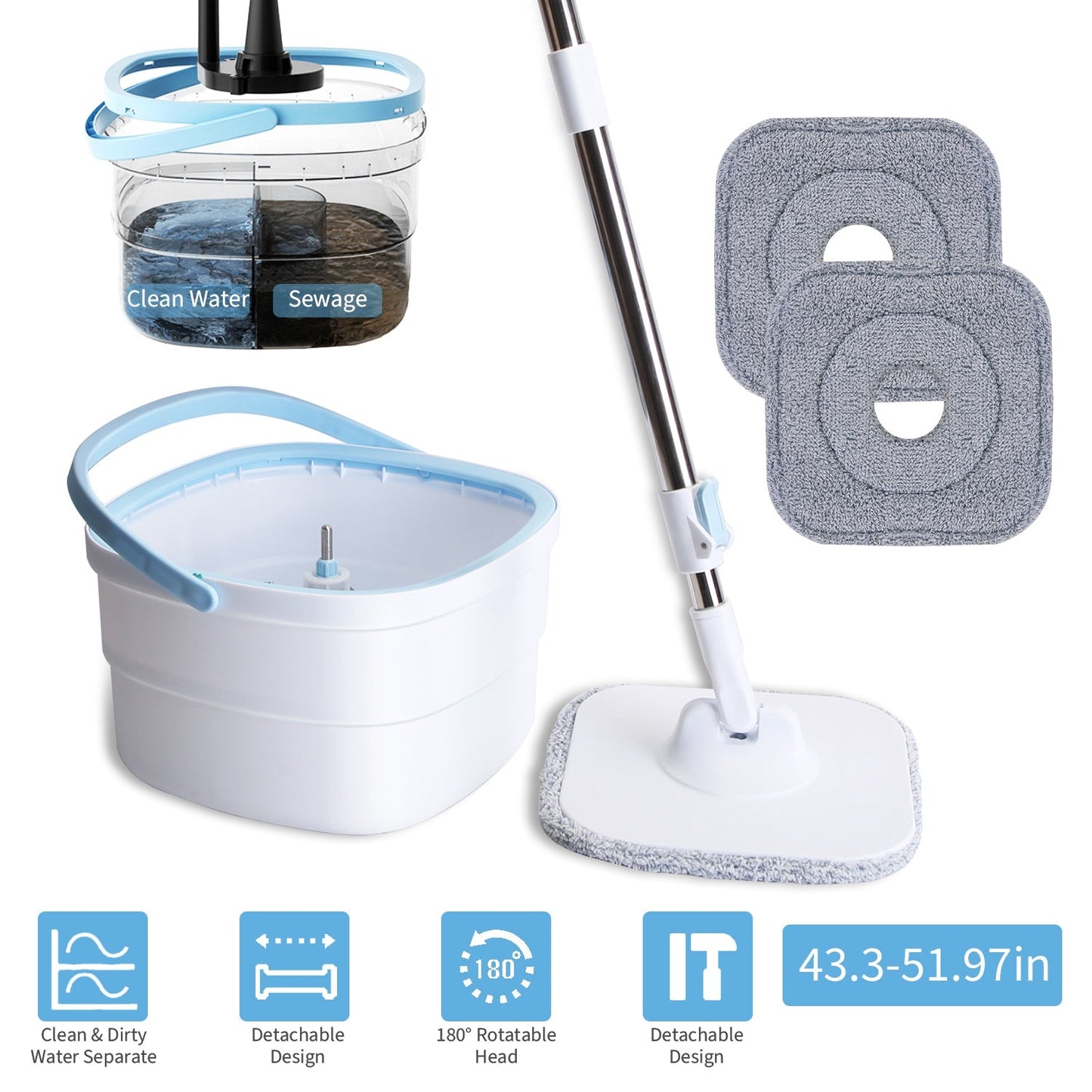 Spin Mop And Bucket With Wringer Set Flat Floor Mop With Clean And