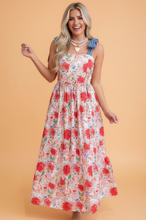 Floral Denim Tie Strap High Waist Maxi Dress