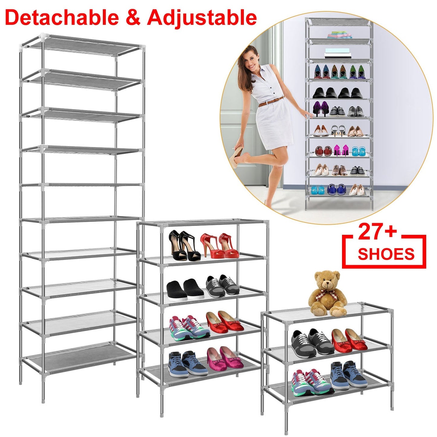 10 Tiers Shoes Rack Shelves 27 Pairs Shoes Storage Organizer Stand