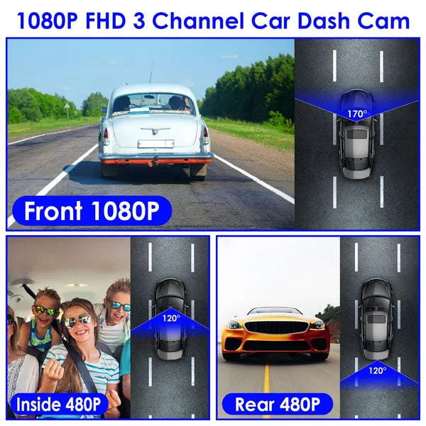 1080P FUD 3 Channel WiFi Dash Cam 170° Wide Angle Triple Car Camera