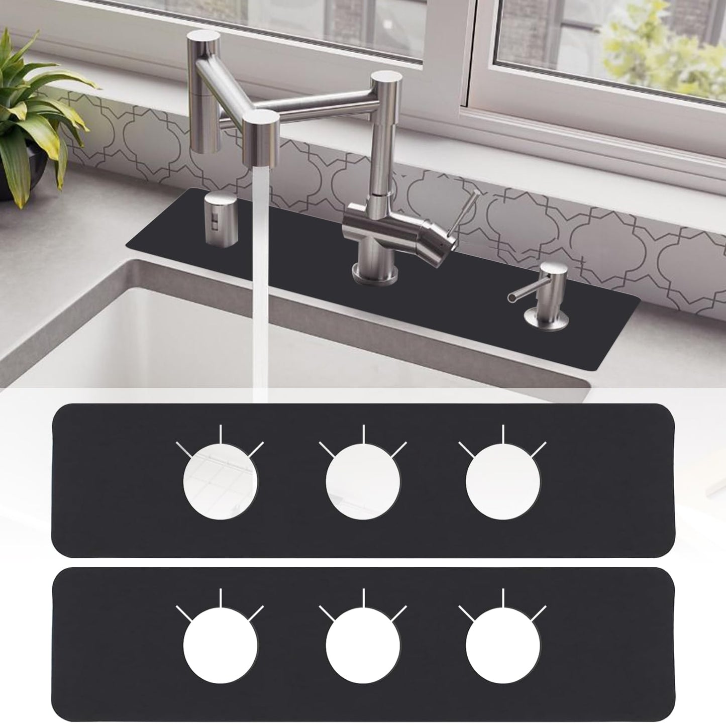 2 Pcs DIY Faucet Mat for Kitchen Sink - Faucet Mat for Kitchen Sink 3 Holes Free Cutting Splash Guard Behind Faucet Drip Catcher for Kitchen Bathroom Sink Mat Dish Drying Mat Sponge Holder