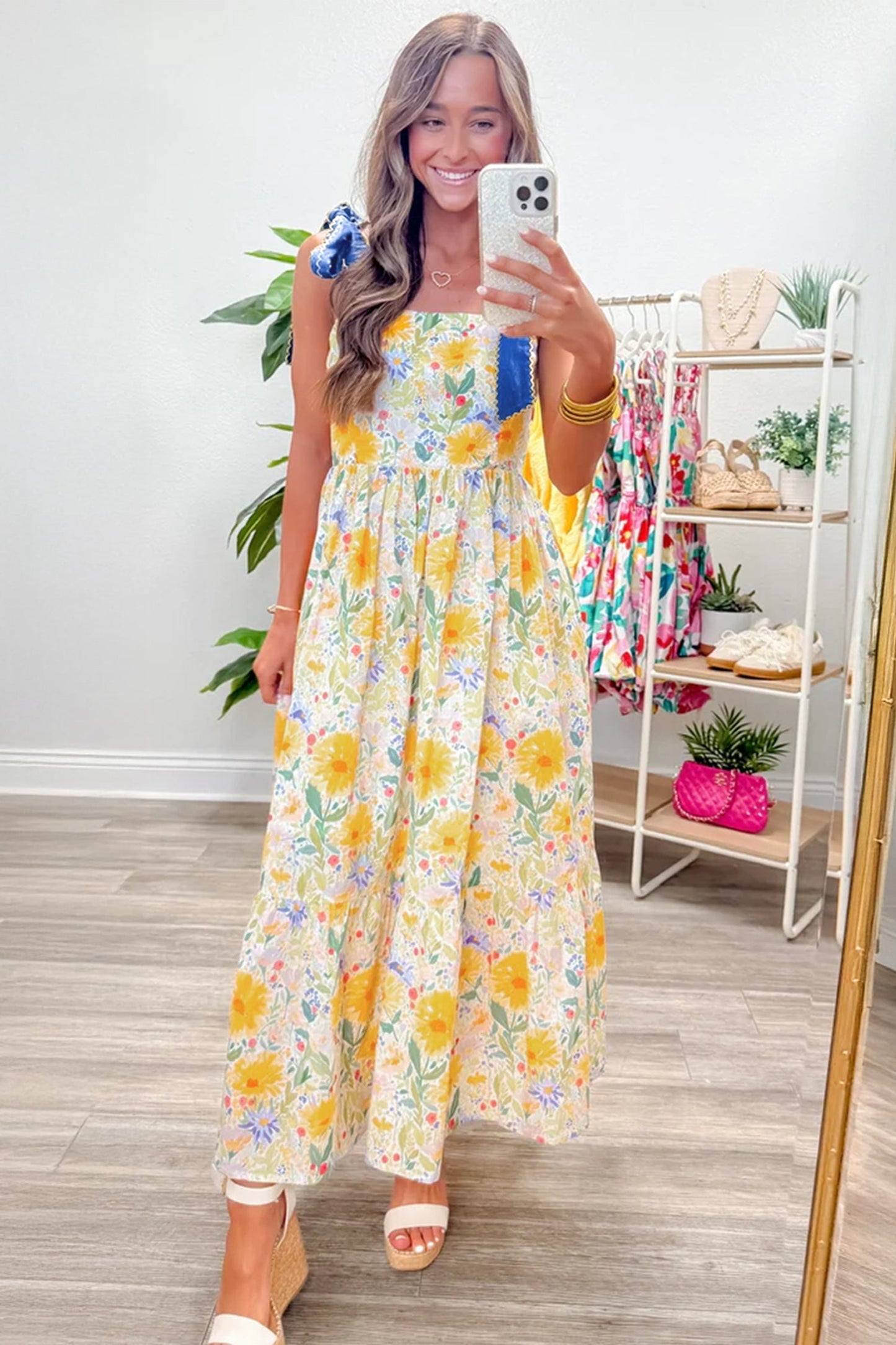 Floral Denim Tie Strap High Waist Maxi Dress
