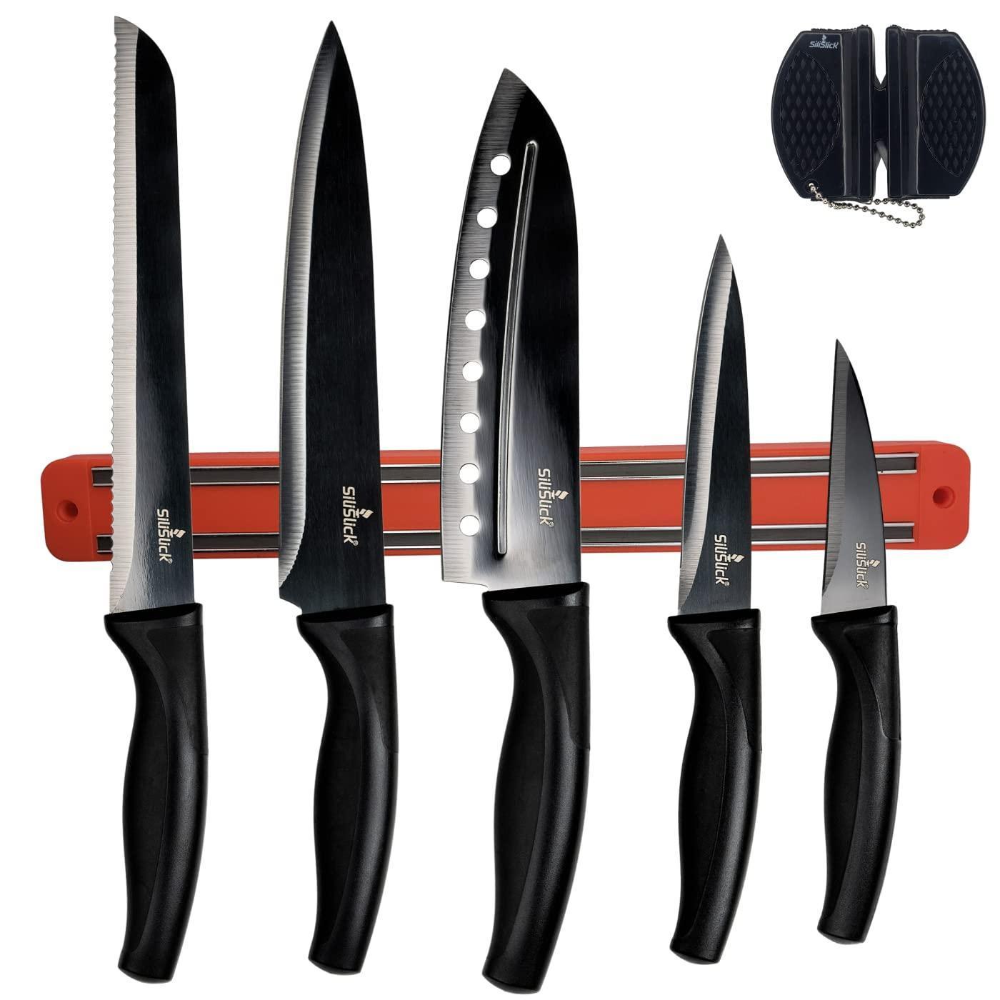 Kitchen Knife Set Kit 5 Dishwasher Safe Colorful Knives with Sharpener Hanger