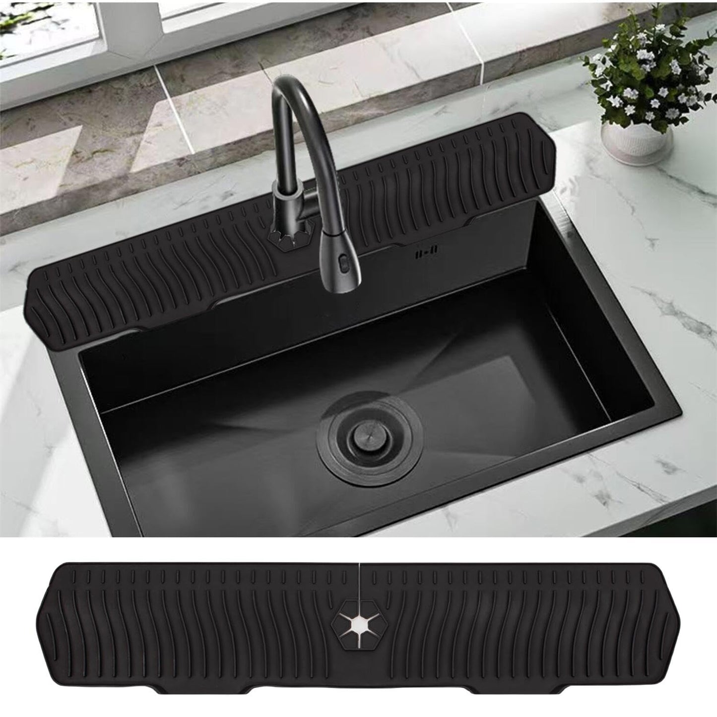 30 Inch Sink Splash Guard Large Size Kitchen Sink Splash Guard Longer Silicone Faucet Handle Drip Catcher Tray for Kitchen Countertop Bathroom Farmhouse (Black)
